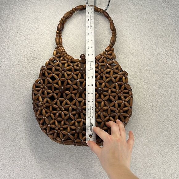 Vintage Wood Beaded Purse Handbag Lined MCM Hippie Floral Boho - Picture 6 of 9